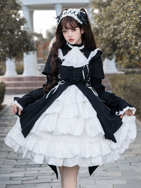 Image of Gothic Lolita Abiti Ruffles Lace Up Black