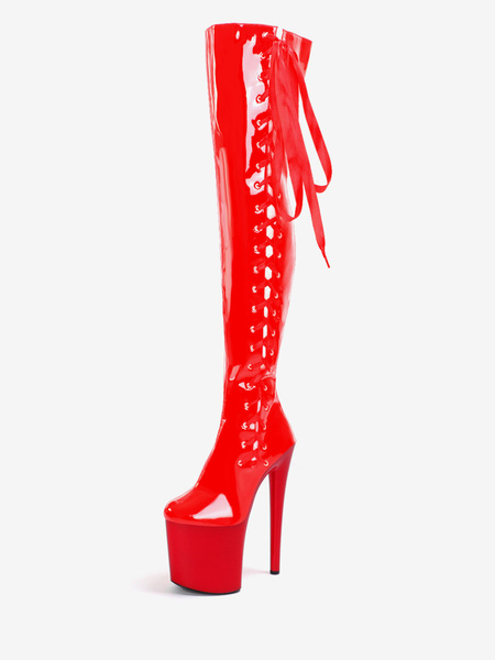 Image of Stivali sexy da donna Punta tonda Cerniera Tacco a spillo geometrico Pole Dancing Stivali alti alla coscia rossi Stivali sopra il ginocchio