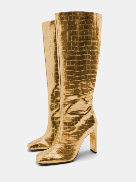 Image of Stivali al polpaccio larghi dorati Stivali al ginocchio con tacco a spillo con punta quadrata da donna