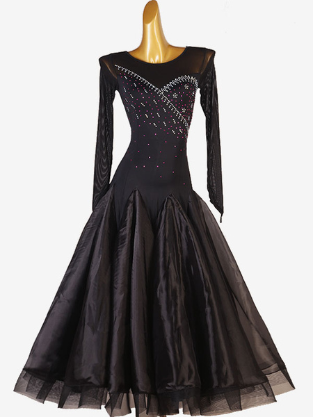 Image of Costumi da ballo da sala da donna neri Eleganti abiti da ballo in lycra spandex con strass