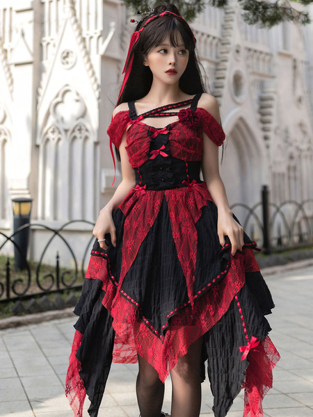 Image of Gothic Lolita Abiti Ruffles Rosa Borgogna Ecru Bianco