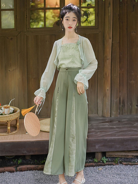 Image of Abiti Lolita in stile cinese Salvia Pantaloni accessori a maniche lunghe Top