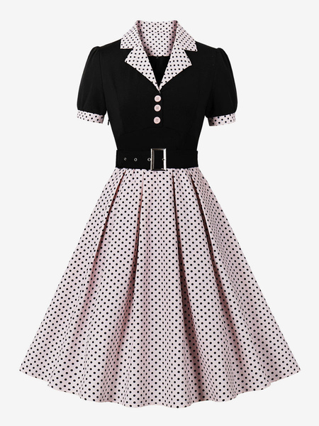 Image of Abito vintage rosa a pois anni &#39;50 stile Audrey Hepburn fascia maniche corte scollo a V lunghezza al ginocchio abito svasato