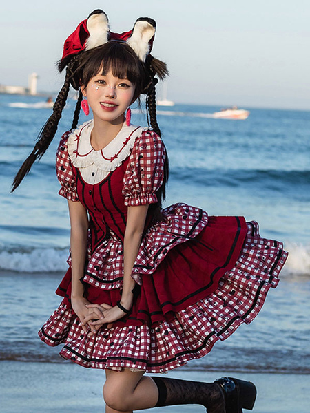 Image of Abiti Sweet Lolita Gonna a maniche corte con fiocchi scozzesi rossi e volant