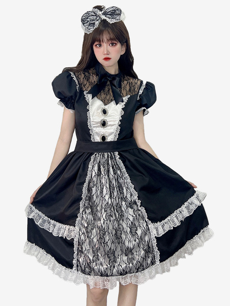 Image of Maid Lolita Dresses Abito Lolita a maniche corte in pizzo nero con volant