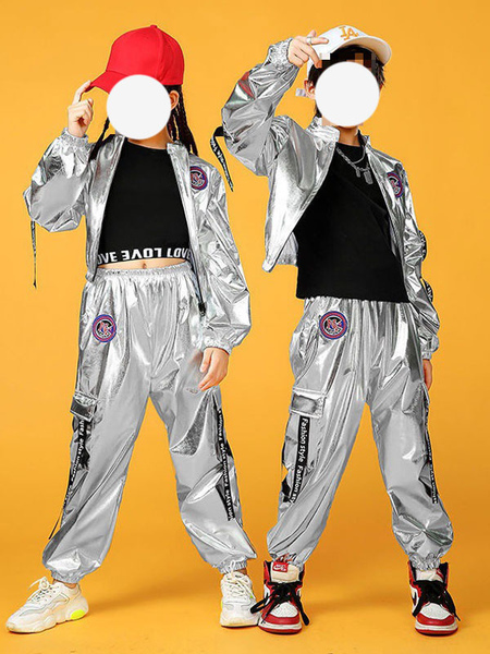 Image of Costumi di danza hip-hop Set di pantaloni da ballerino da uomo argento per bambini Costume da ballo di strada in poliestere hip-hop