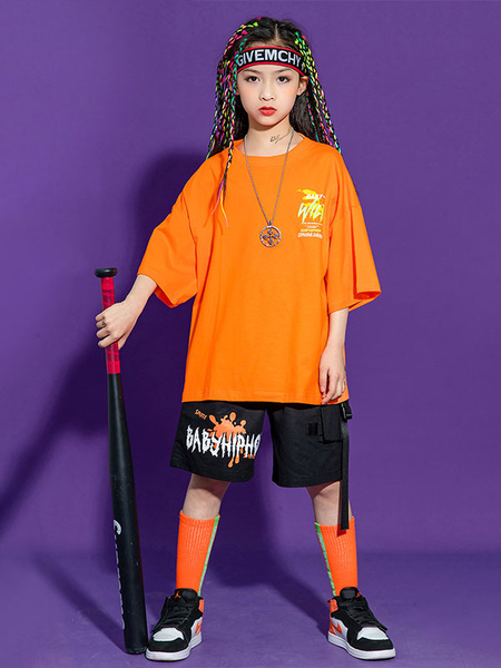 Image of Costumi di danza hip-hop Set di pantaloni da ballerino da uomo arancione per bambini Costume da ballo di strada in poliestere hip-hop