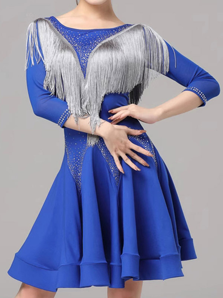 Image of Abiti da ballo latino Abito da donna in lycra spandex blu royal Elegante abito da ballo per ballerini latini con frange
