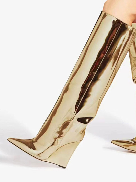 Image of Stivali alti al ginocchio dorati Stivali eleganti con zeppa e punta a punta