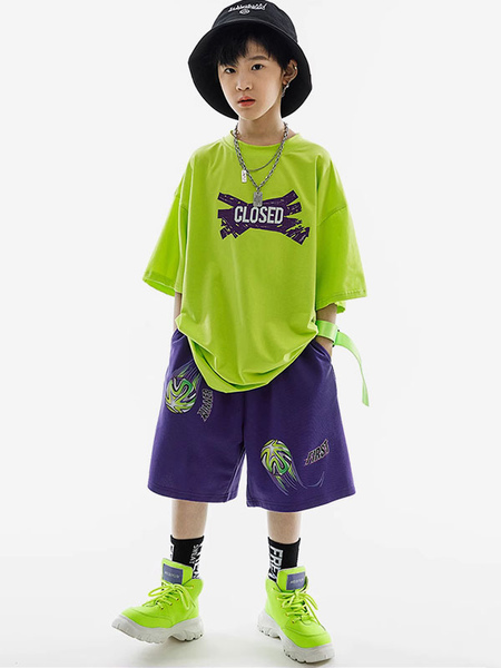 Image of Costumi di danza hip-hop Set di pantaloni unisex verde erba per bambini Costume da ballo di strada in cotone hip-hop