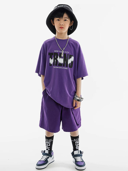 Image of Costumi di danza hip-hop Pantaloni unisex viola per bambini Top Set Costume da ballo di strada in cotone hip-hop