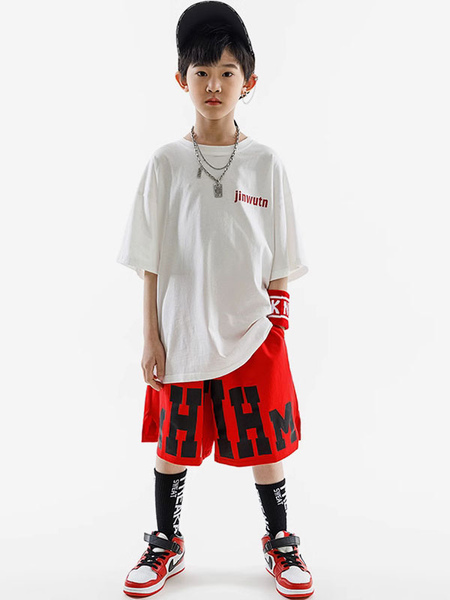 Image of Costumi di danza hip-hop Pantaloni unisex bianchi rossi per bambini Top Set Costume da ballo di strada in cotone hip-hop