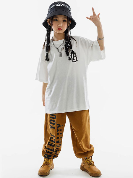 Image of Costumi di danza hip-hop Pantaloni unisex marrone caffè per bambini Top Set Costume da ballo di strada in cotone hip-hop