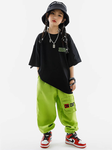 Image of Costumi di danza hip-hop Pantaloni top unisex neri per bambini Set Costume da ballo di strada in cotone