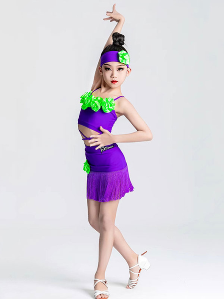 Image of Costume da ballo latino Costume da ballo in lycra e spandex da donna viola Top Costume da ballerino latino