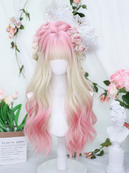 Image of Parrucche Harajuku Fashion Lolita Accessori Lolita rosa in fibra resistente al calore lunga