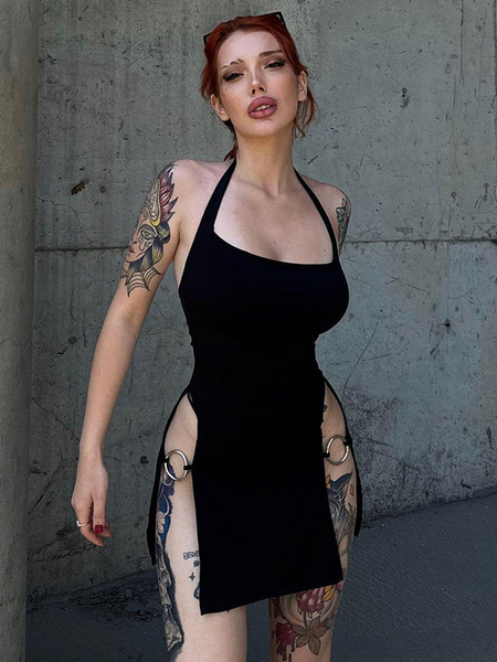 Image of Club Dress Black Halter Dettagli in metallo Abito sexy senza schienale senza maniche