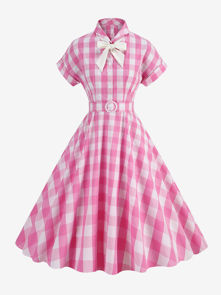 Image of Barbie Pink Gingham Dress Abito vintage scozzese a maniche corte anni &#39;50