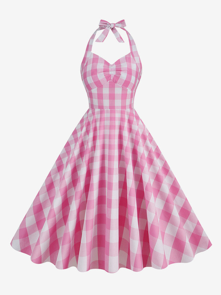 Image of Barbie Pink Gingham 1950 Plaid Halter Vintage Dress