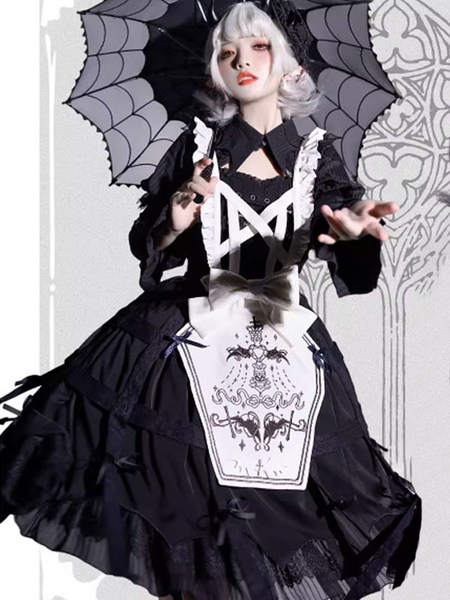 Image of Abiti Lolita gotici Dettagli in metallo Abito con bretelle JSK nero scuro in pizzo