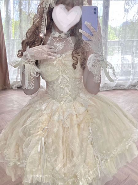 Image of Abito Sweet Lolita JSK Abito da sposa con gonne in maglione Lolita bianco ecru senza maniche con perle