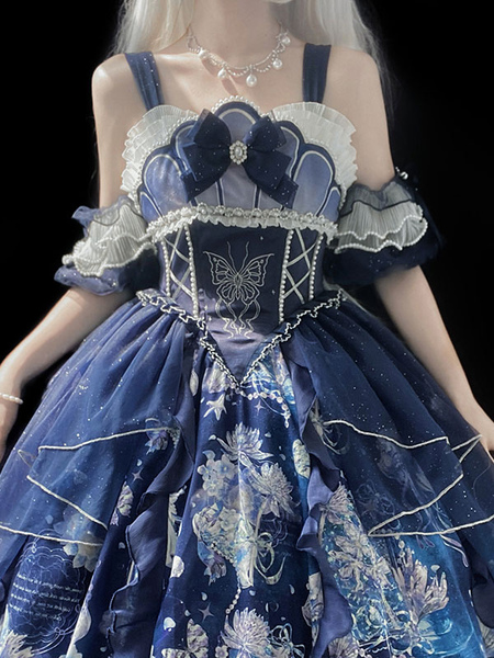 Image of Sweet Lolita Outfits Abito senza maniche con stampa floreale blu scuro Accessorio per maniche lunghe
