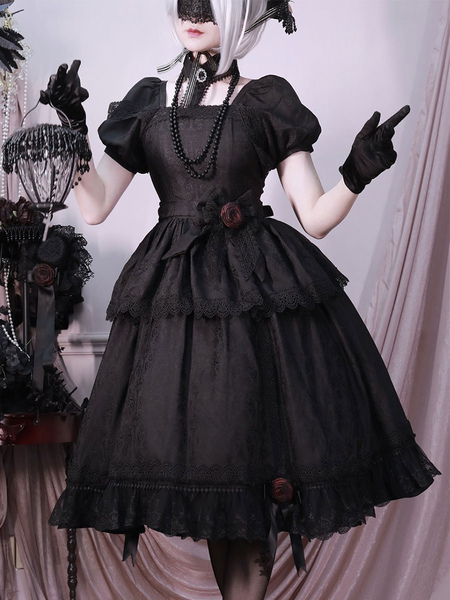 Image of Gothic Lolita Abiti Ruffles Rose Black Black