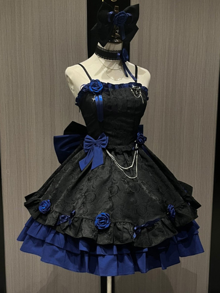 Image of Gothic Lolita Abiti Rose Ruffles Jacquard Blu Blu