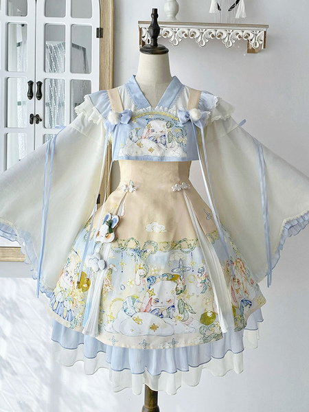 Image of Sweet Lolita Outfit Baby Blue Jacquard Maglione senza maniche Accessorio copricapo