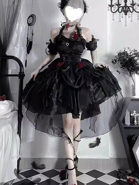 Image of Abiti Lolita gotici con volant e fiocchi neri JSK Splendido abito da principessa Lolita romantico francese