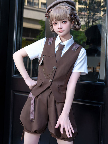 Image of Gothic Lolita Outfit Soprabito con pantaloni senza maniche marrone caffè
