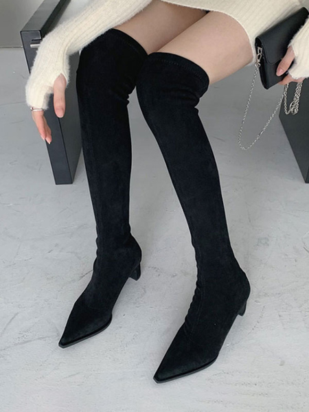 Image of Stivali alti alla coscia da donna con tacco grosso in micro pelle scamosciata