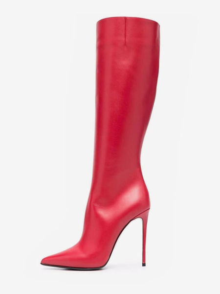Image of Stivali alti al ginocchio rossi Stivali al ginocchio con tacco a spillo e punta a punta