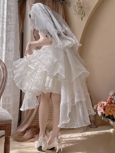 Image of Abito da sposa Lolita Accessori Lolita Fiocchi bianchi Volant Copricapo in fibra di poliestere Pizzo Varie