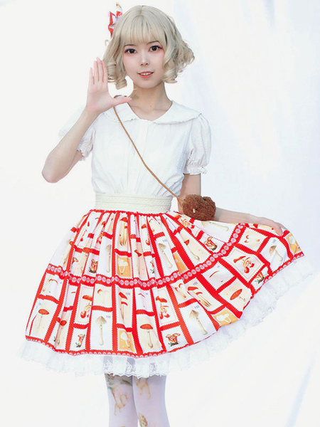 Image of Vestiti da idol Lolita SK Gonne Lolita con stampa floreale con volant rossi