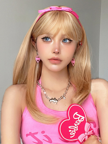 Image of Parrucche medie Barbie Parrucca femminile riccia color oro chiaro con frangia