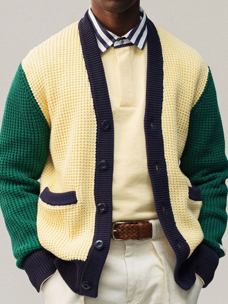 Image of Abbigliamento da uomo Cardigan da uomo Maglioni da uomo Cardigan da uomo Lounge Color Block Maniche lunghe Elegante Giallo Giallo