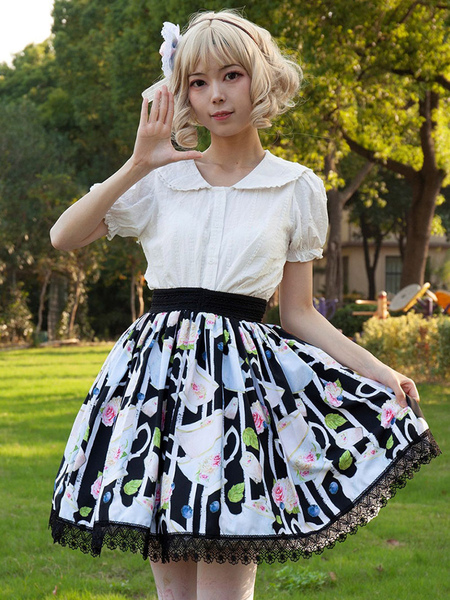 Image of Gonne Lolita Harajuku Fashion Lolita SK Card Captor Sakura stampa floreale con volant nere