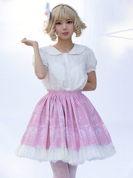 Image of Gonne Lolita Harajuku Fashion Lolita SK con stampa floreale rosa con volant