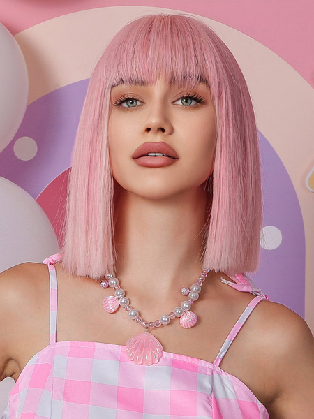 Image of Parrucche medie Barbie Parrucca sintetica in rayon con frangia rosa per donna