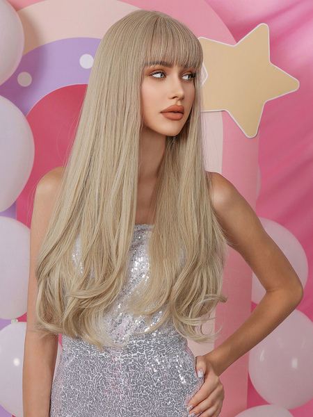 Image of Parrucca lunga Barbie Parrucche da donna a strati in rayon con frange marrone chiaro