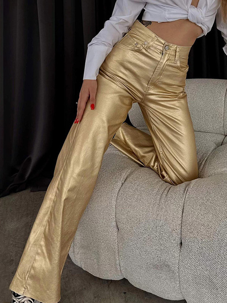 Image of Pantaloni metallizzati Pantaloni a gamba larga con cerniera a vita alta per donna