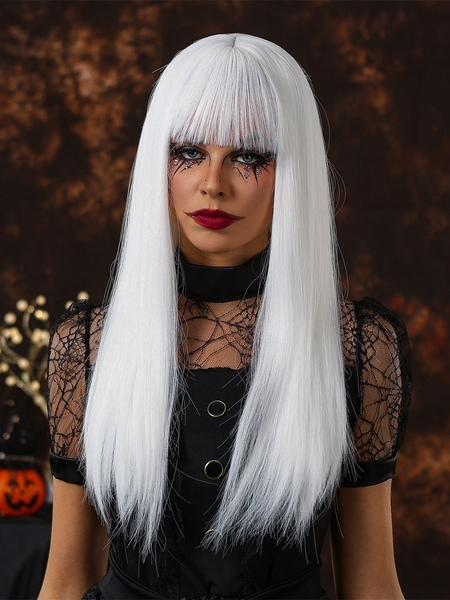 Image of Parrucca bianca diritta lunga con frangia smussata Parrucche per travestimento di Halloween