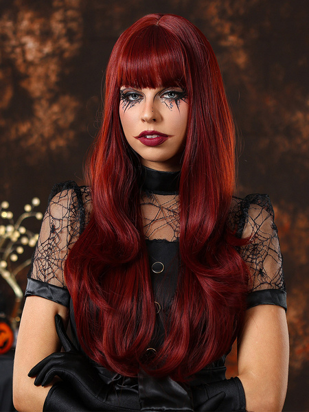 Image of Parrucca marrone rossiccio lunga e riccia con frangia smussata Parrucche di Halloween in maschera