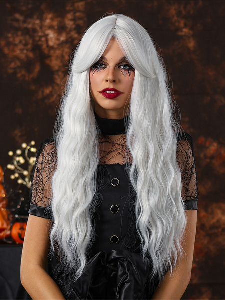 Image of Parrucca bianca lunga riccia con frangia Parrucca da donna per cosplay
