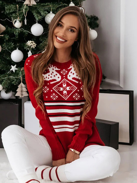Image of Maglione da donna girocollo a maniche lunghe con motivo natalizio in rosso