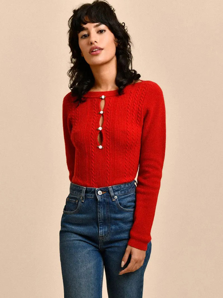 Image of Top da donna raffinato in maglione rosso a costine con collo a barchetta e maniche lunghe
