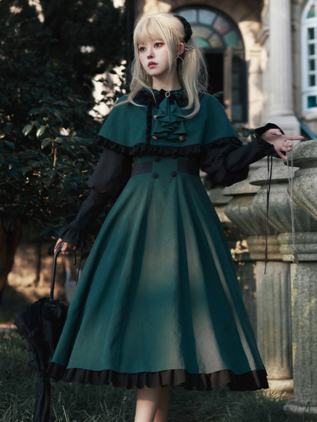 Image of Abiti Lolita gotici con volant fiocchi mantello OP verde scuro set da 2 pezzi