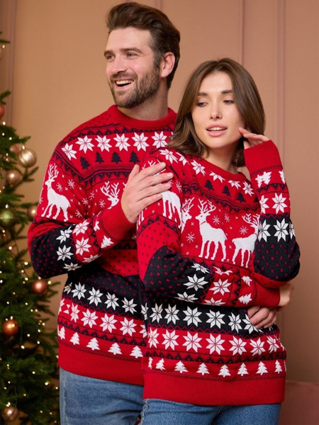Image of Pullover a maniche lunghe girocollo con motivo natalizio per coppia