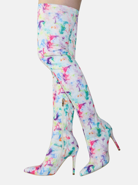 Image of Stivali alti da donna a punta in tessuto elastico stampato
